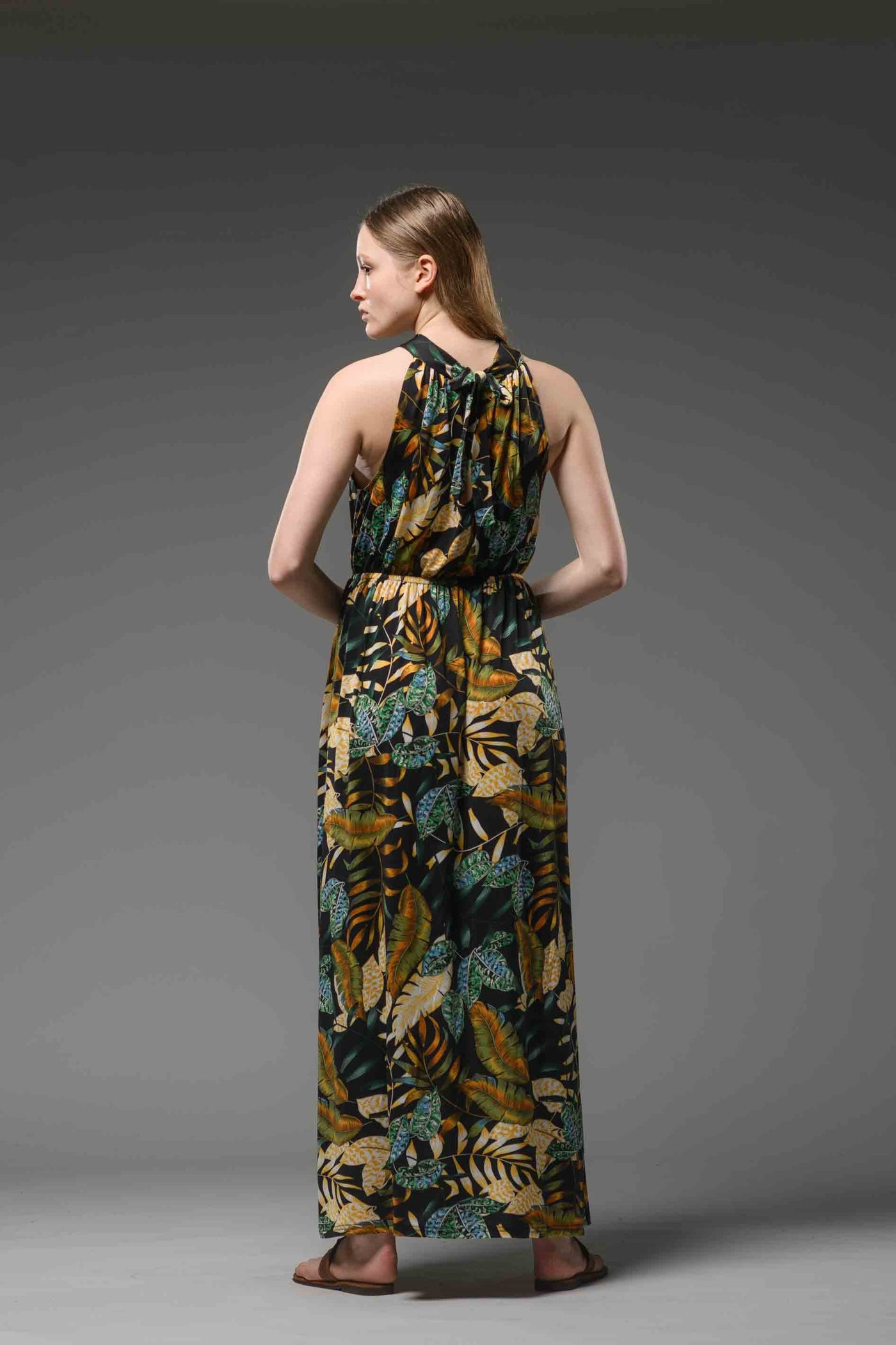 Jersey jungle printed halter neck elastic waist maxi dress black