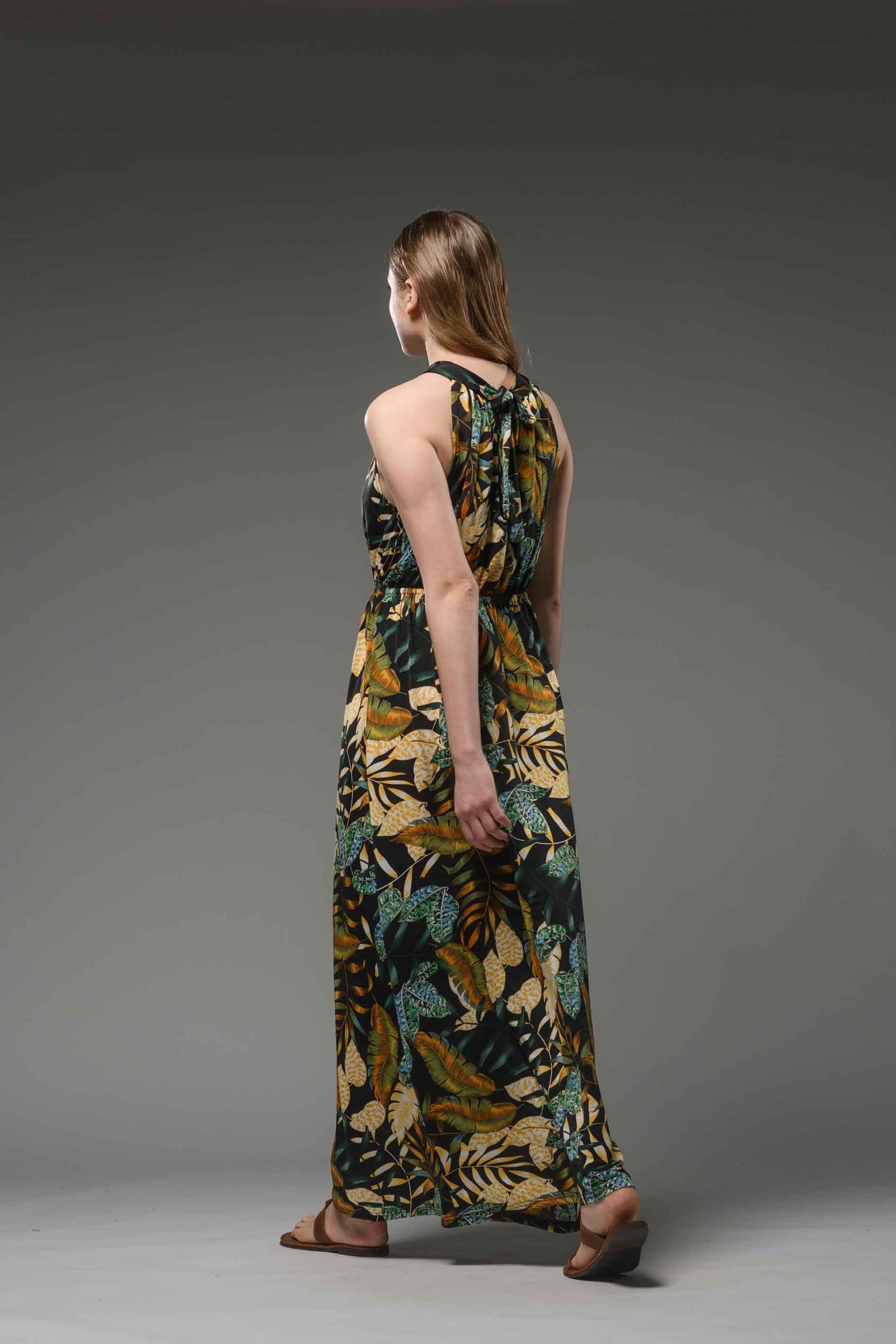 Jersey jungle printed halter neck elastic waist maxi dress black