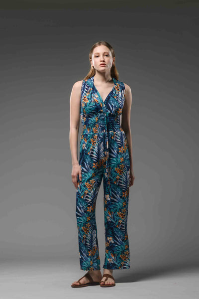 Jersey jungle printed self tie waist jumpsuit black