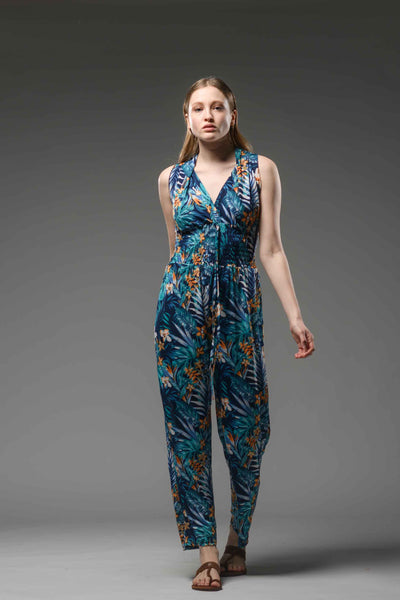 Jersey jungle printed self tie waist jumpsuit black