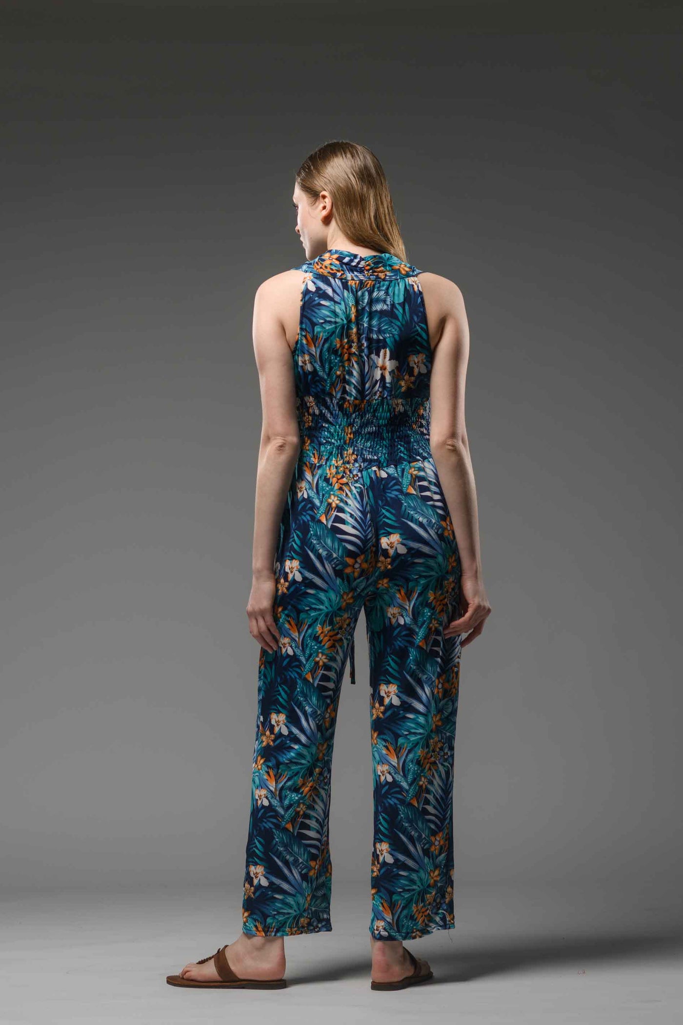 Jersey jungle printed self tie waist jumpsuit black