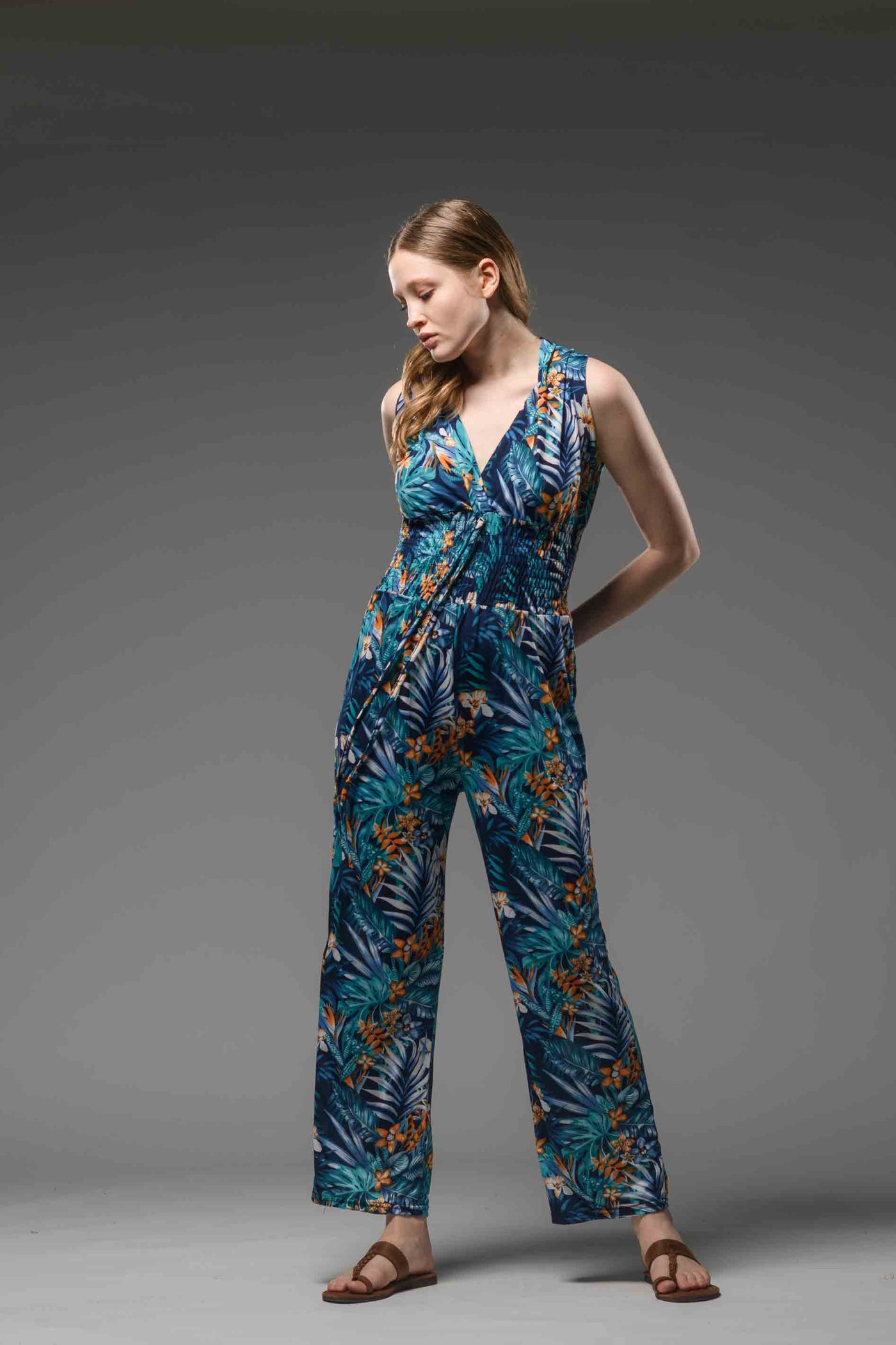 Jersey jungle printed self tie waist jumpsuit black