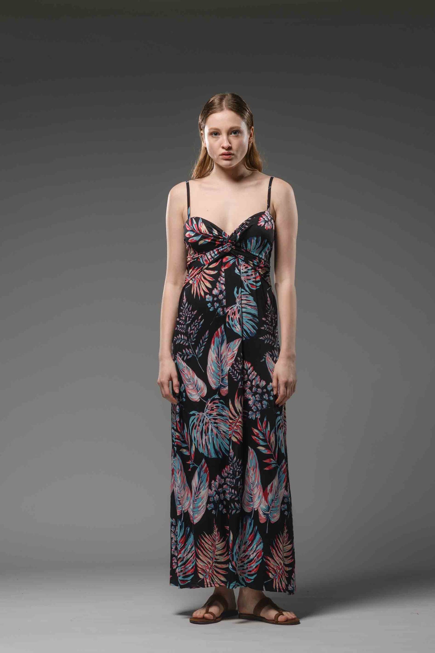 Jersey spaghetti strap printed long black dress