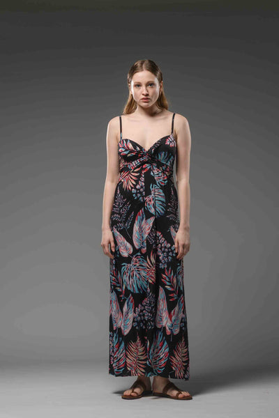 Jersey spaghetti strap printed long black dress