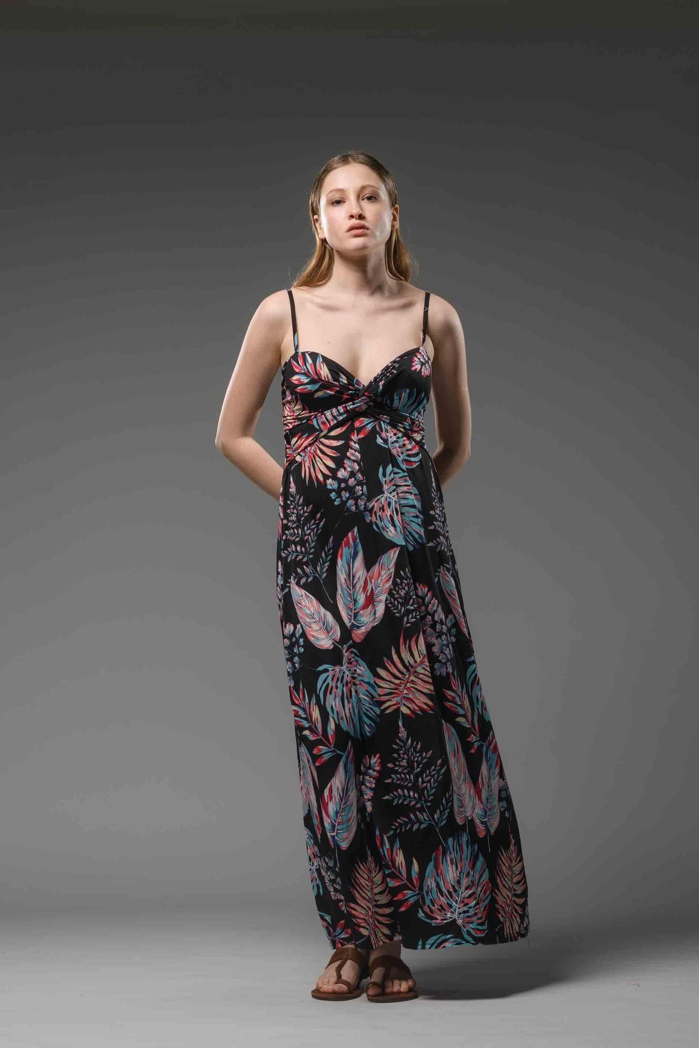 Jersey spaghetti strap printed long black dress