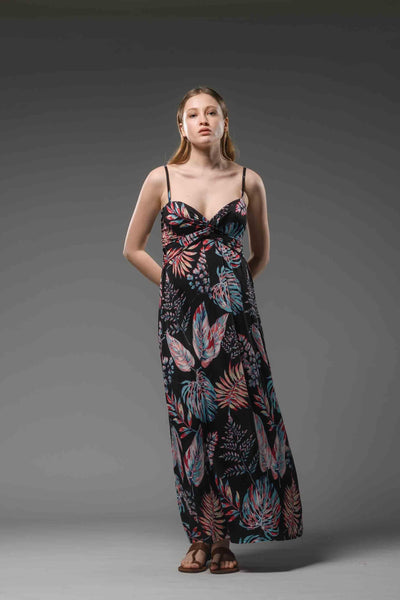 Jersey spaghetti strap printed long black dress