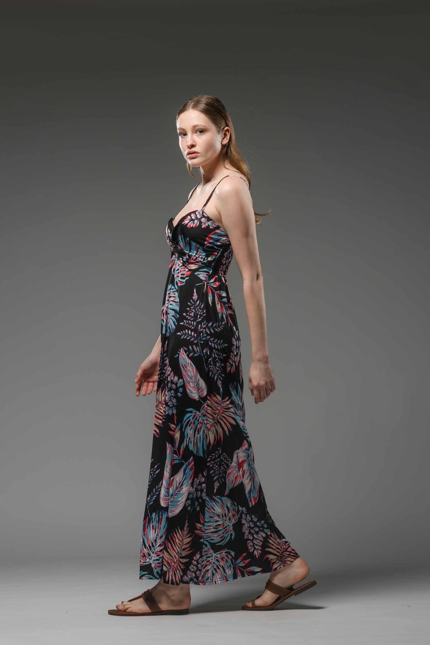 Jersey spaghetti strap printed long black dress