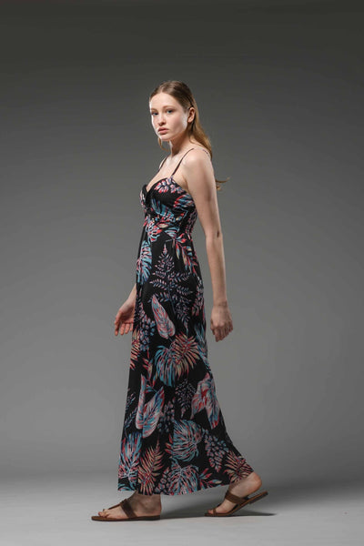 Jersey spaghetti strap printed long black dress