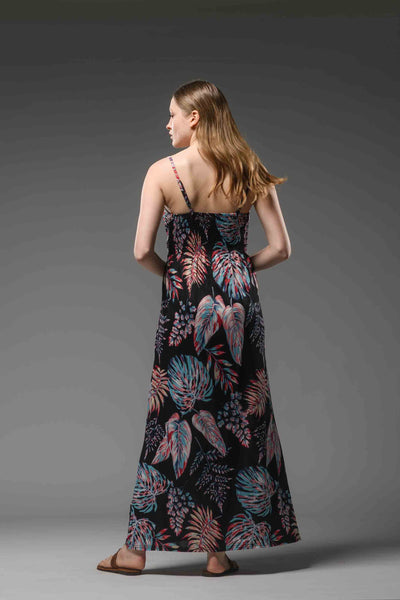 Jersey spaghetti strap printed long black dress