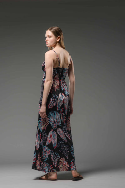 Jersey spaghetti strap printed long black dress
