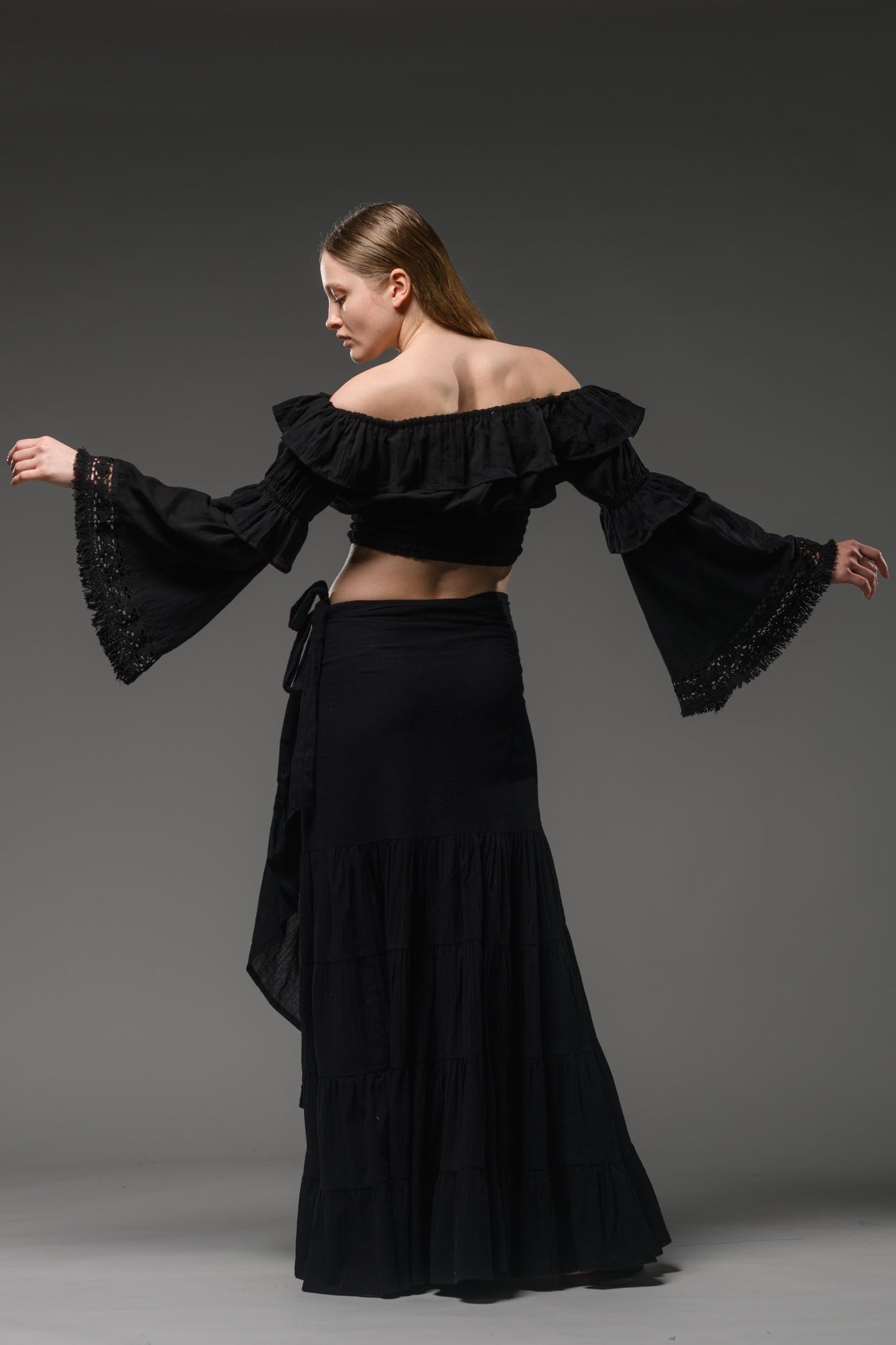 Off shoulder long  bell sleeve lace detail bohemian black top crop