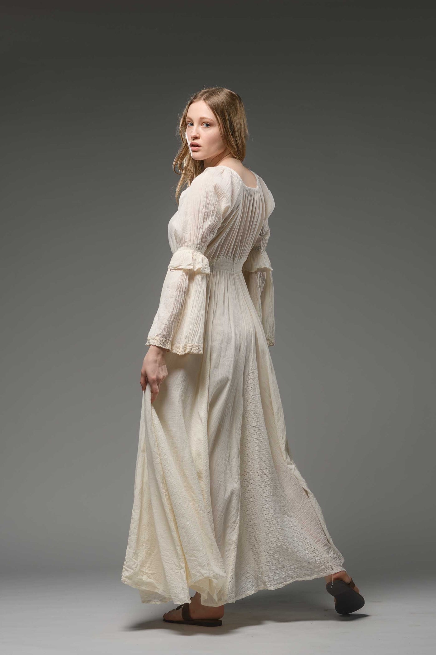 Off white cotton boho chic romantic bell sleeve long dress