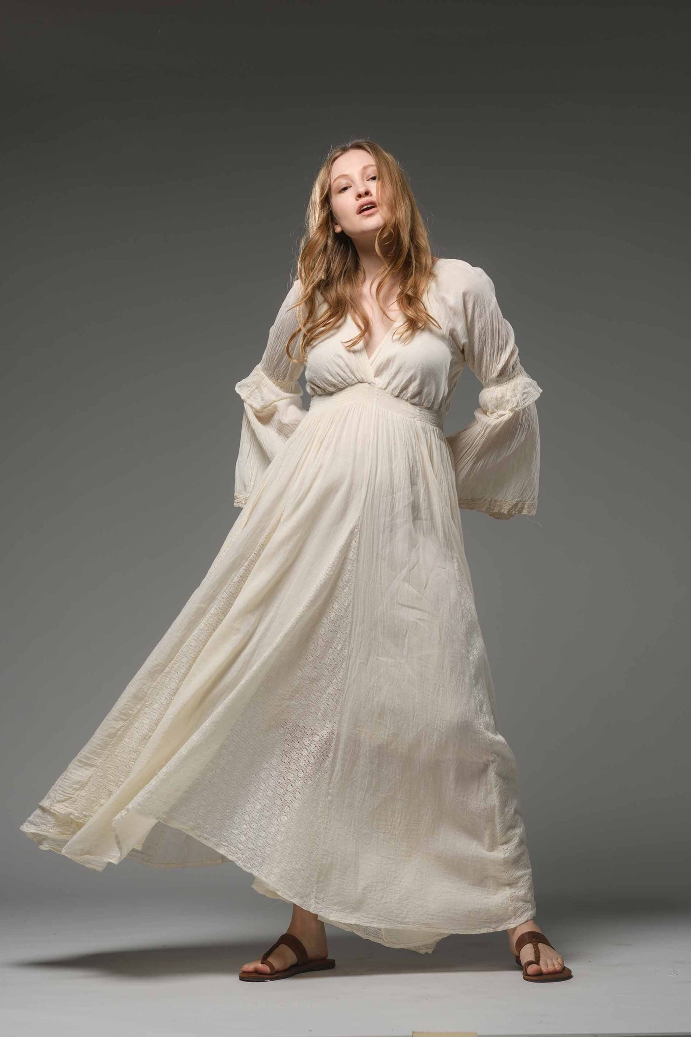 Off white cotton boho chic romantic bell sleeve long dress