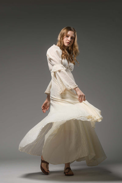 Off white cotton boho chic romantic bell sleeve long dress