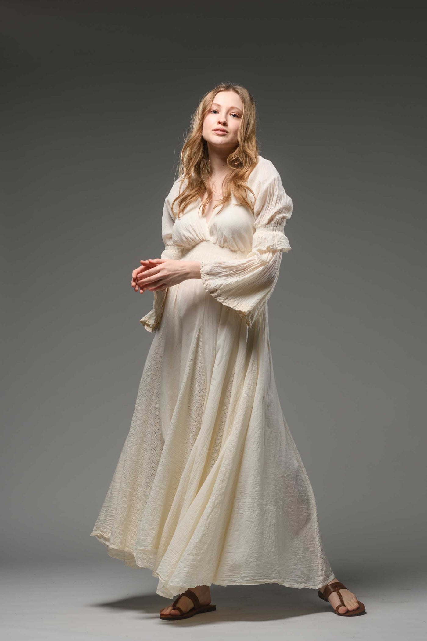 Off white cotton boho chic romantic bell sleeve long dress