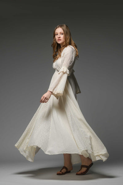 Off white cotton boho chic romantic bell sleeve long dress