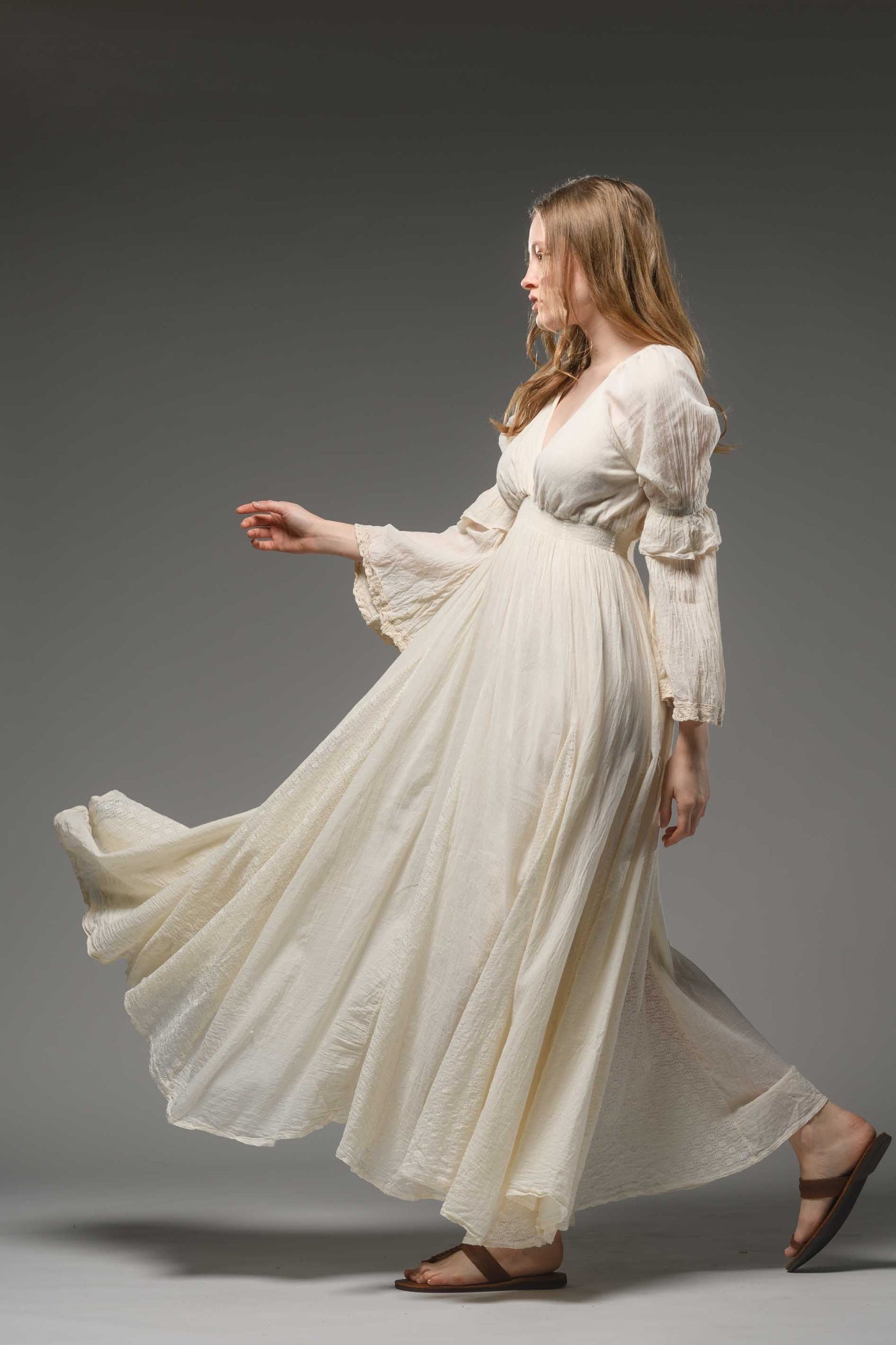 Off white cotton boho chic romantic bell sleeve long dress
