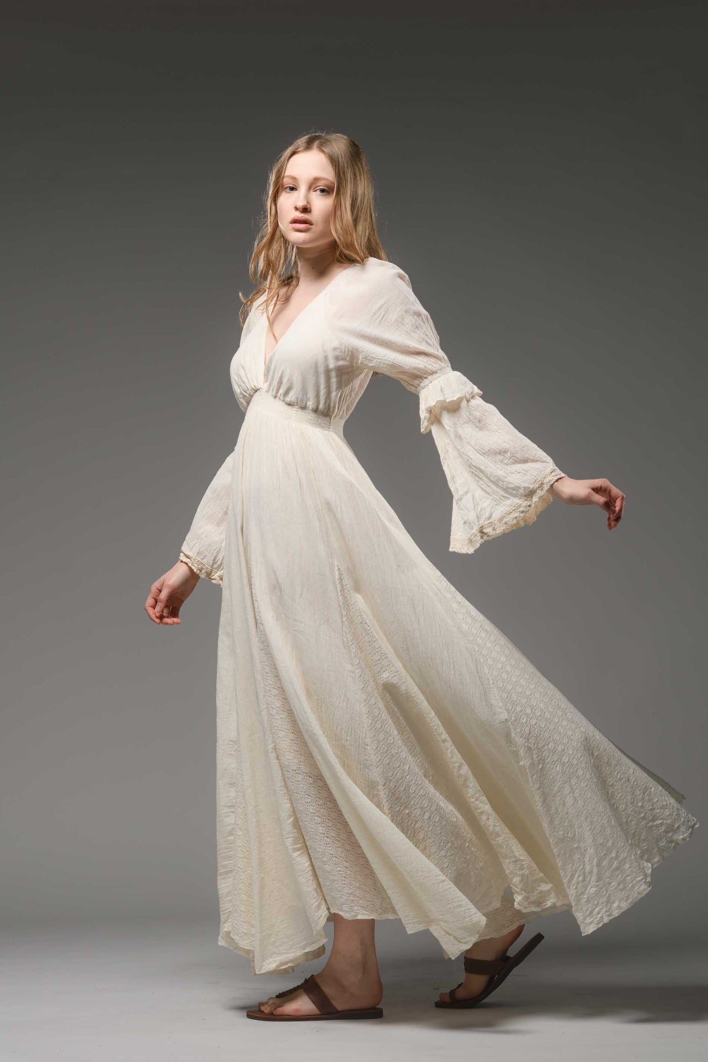 Off white cotton boho chic romantic bell sleeve long dress