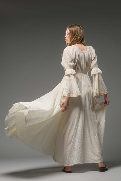 Off white cotton boho chic romantic bell sleeve long dress