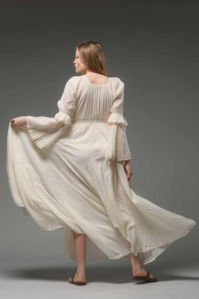 Off white cotton boho chic romantic bell sleeve long dress