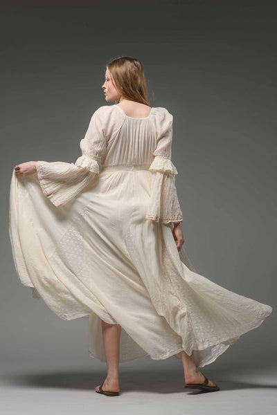 Off white cotton boho chic romantic bell sleeve long dress
