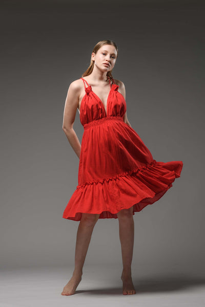 Red cotton boho spaghetti strap ruffled dress