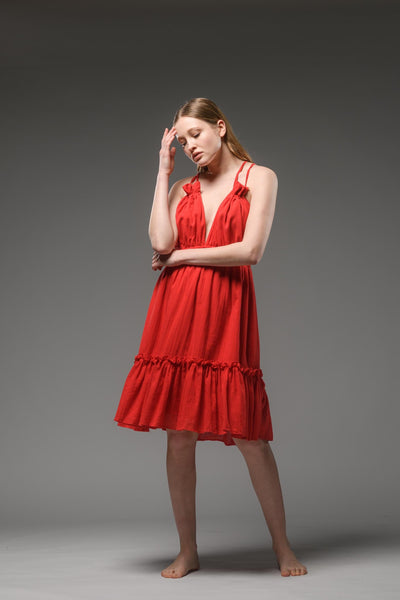 Red cotton boho spaghetti strap dress