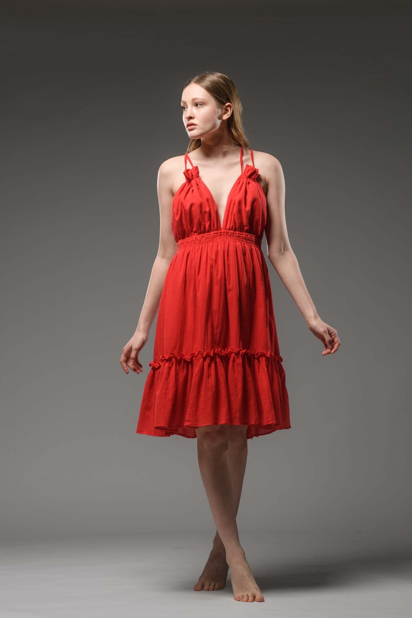 Red cotton boho spaghetti strap dress