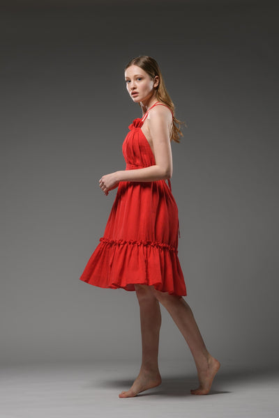 Red cotton boho spaghetti strap dress