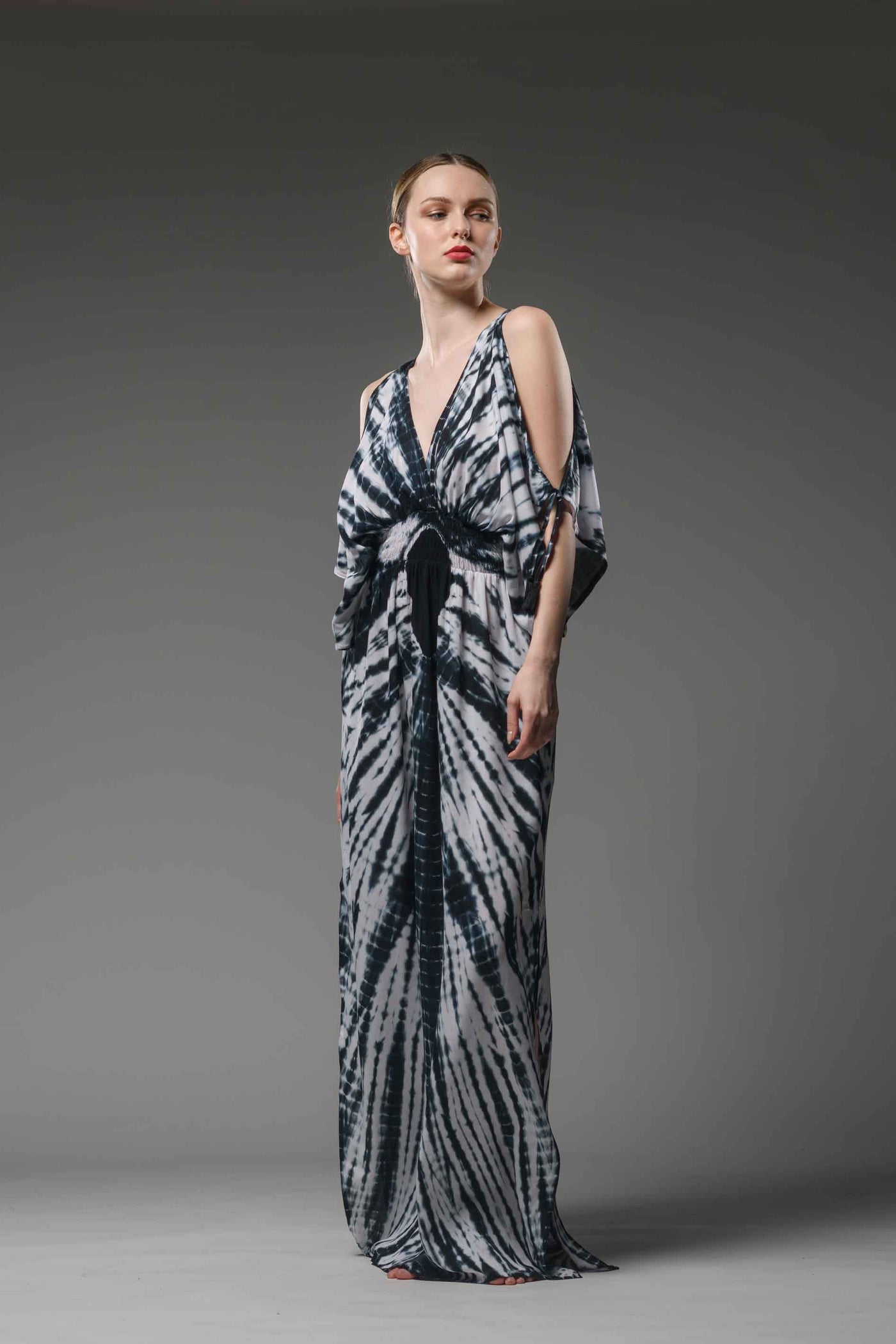 Resort wear boho black & white tie dye open shoulder with strap tassels and floaty short sleeves long kaftan dress