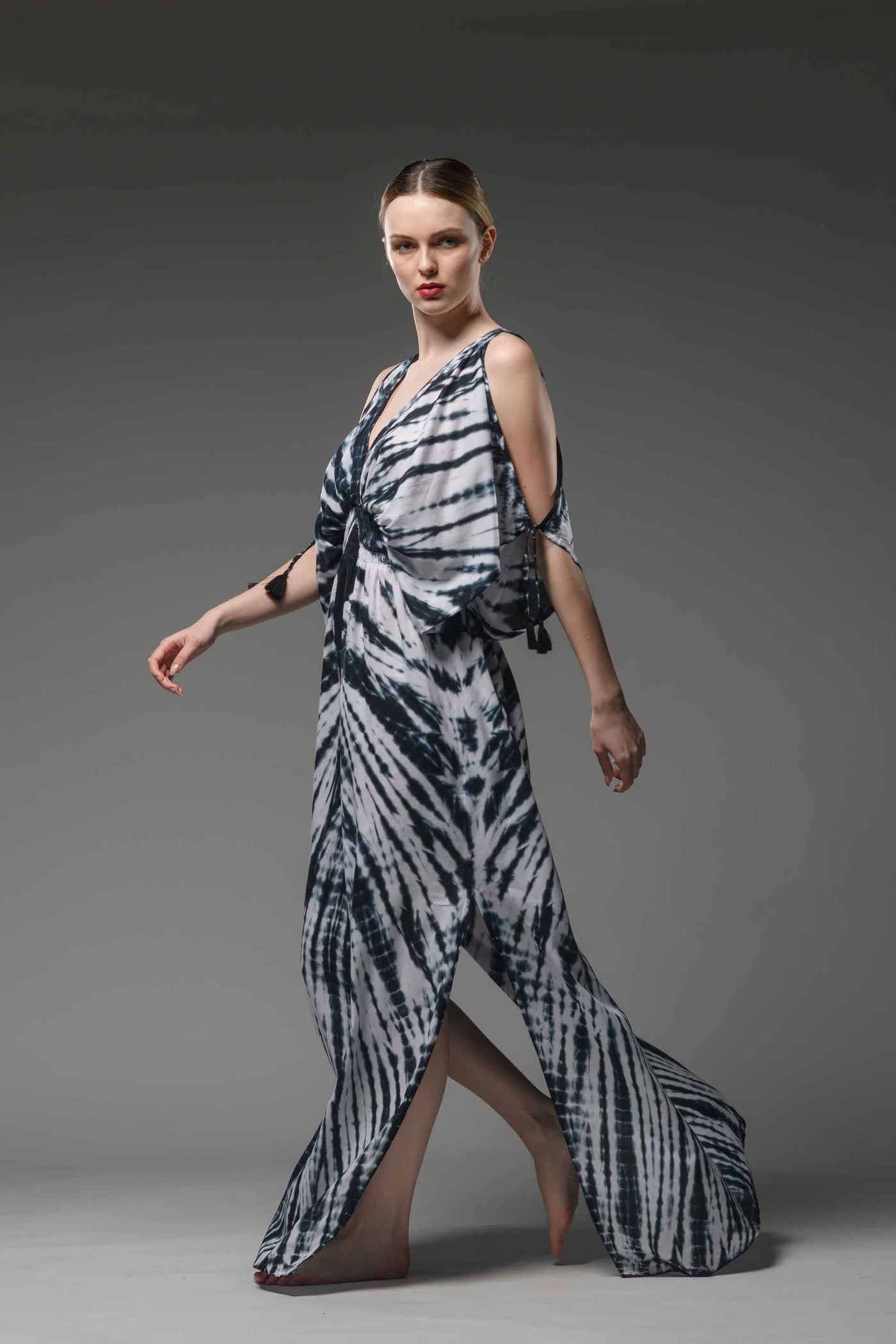 Resort wear boho black & white tie dye open shoulder with strap tassels and floaty short sleeves long kaftan dress