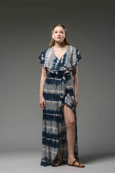 Resort wear double layered ruffled neck line blue grey tie dye wrap dress