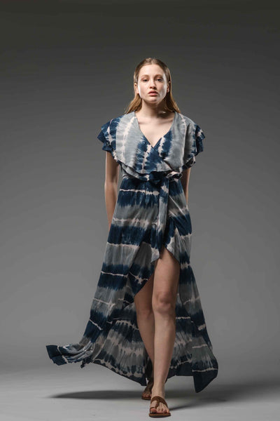 Resort wear double layered ruffled neck line blue grey tie dye wrap dress