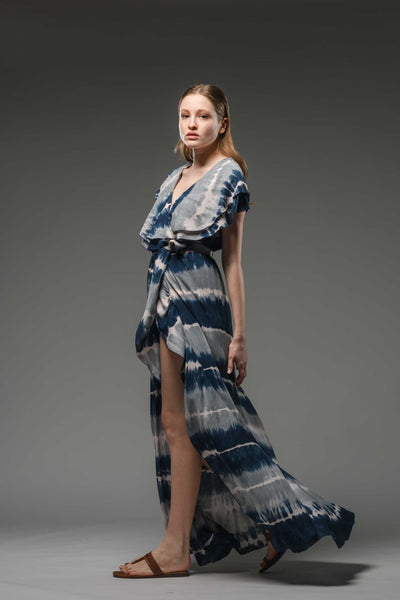 Resort wear double layered ruffled neck line blue grey tie dye wrap dress