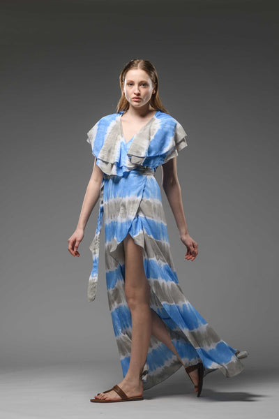 Resort wear double layered ruffled neck line blue tie dye wrap dress