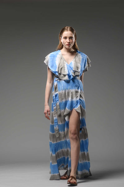 Resort wear double layered ruffled neck line blue tie dye wrap dress