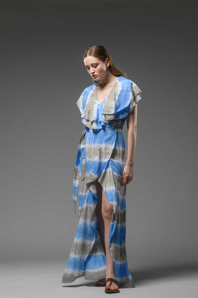 Resort wear double layered ruffled neck line blue tie dye wrap dress