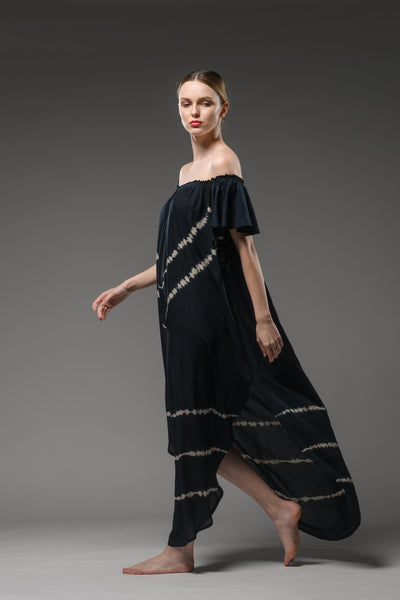 Resort wear elastic neckline  wide short sleeves black tie dye loose fit dress with belt