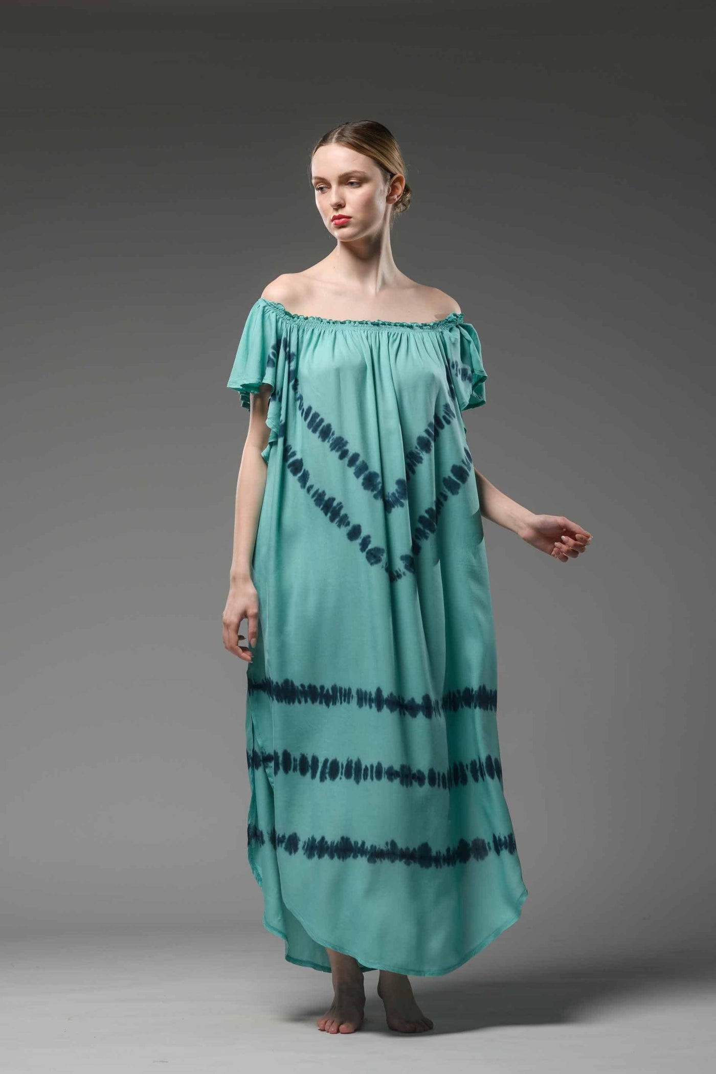 Resort wear elastic neckline  wide short sleeves turquoise tie dye loose fit dress with belt