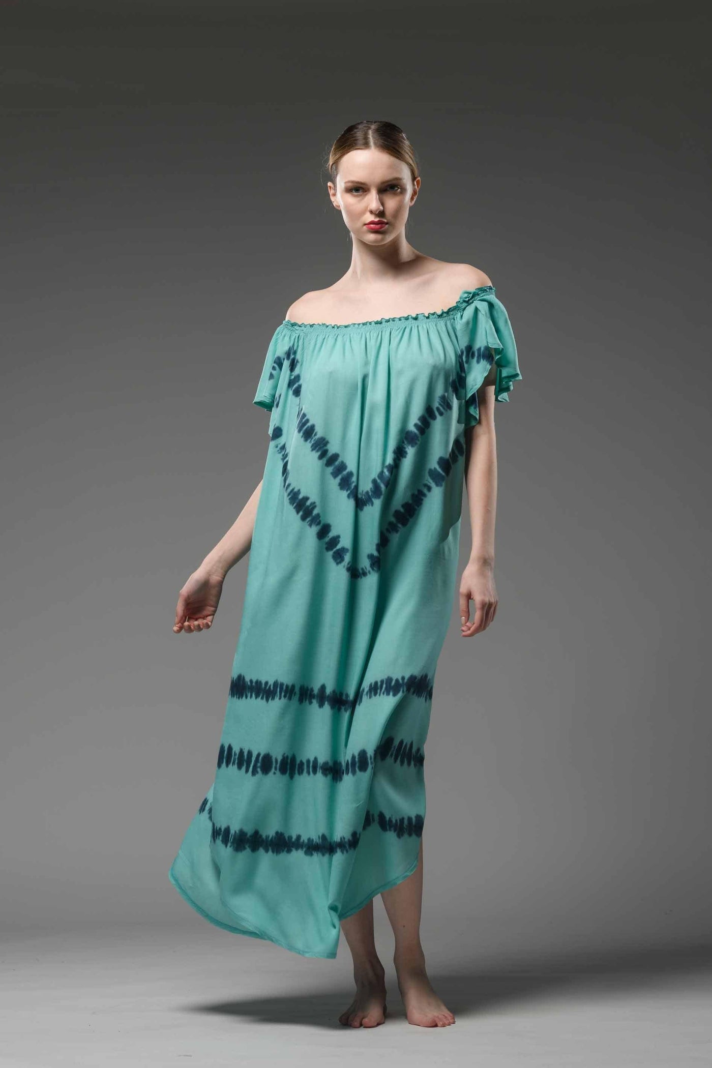 Resort wear elastic neckline  wide short sleeves turquoise tie dye loose fit dress with belt