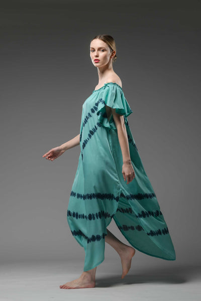 Resort wear elastic neckline  wide short sleeves turquoise tie dye loose fit dress with belt