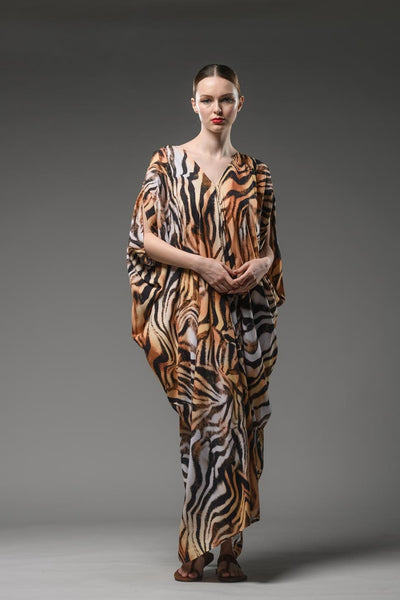 Resort wear tiger digital print v neck  shoulder split loose kaftan dress 