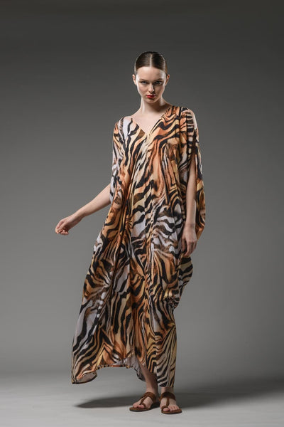 Resort wear tiger digital print v neck  shoulder split loose kaftan dress 