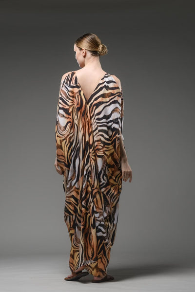 Resort wear tiger digital print v neck  shoulder split loose kaftan dress 