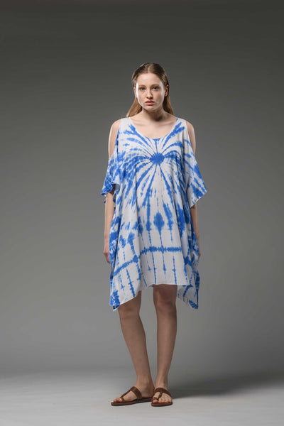 Short loose fit scoop neck short sleeve tie dye kaftan indigo blue