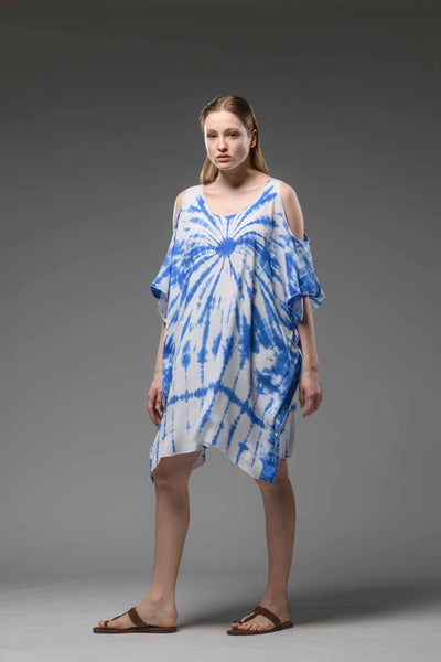 Short loose fit scoop neck short sleeve tie dye kaftan indigo blue