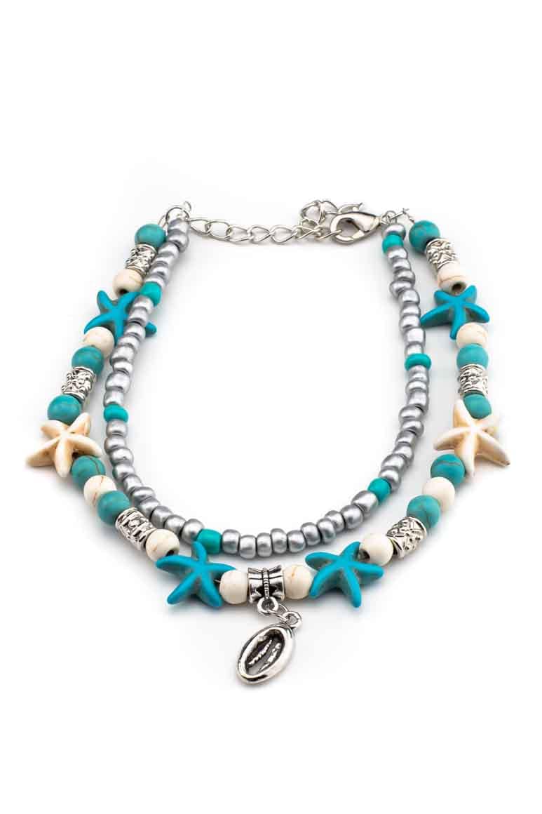 Bohemian Beach wear summer wear beaded double layer starfish and shell decorated anklet foot bracelet-awatara