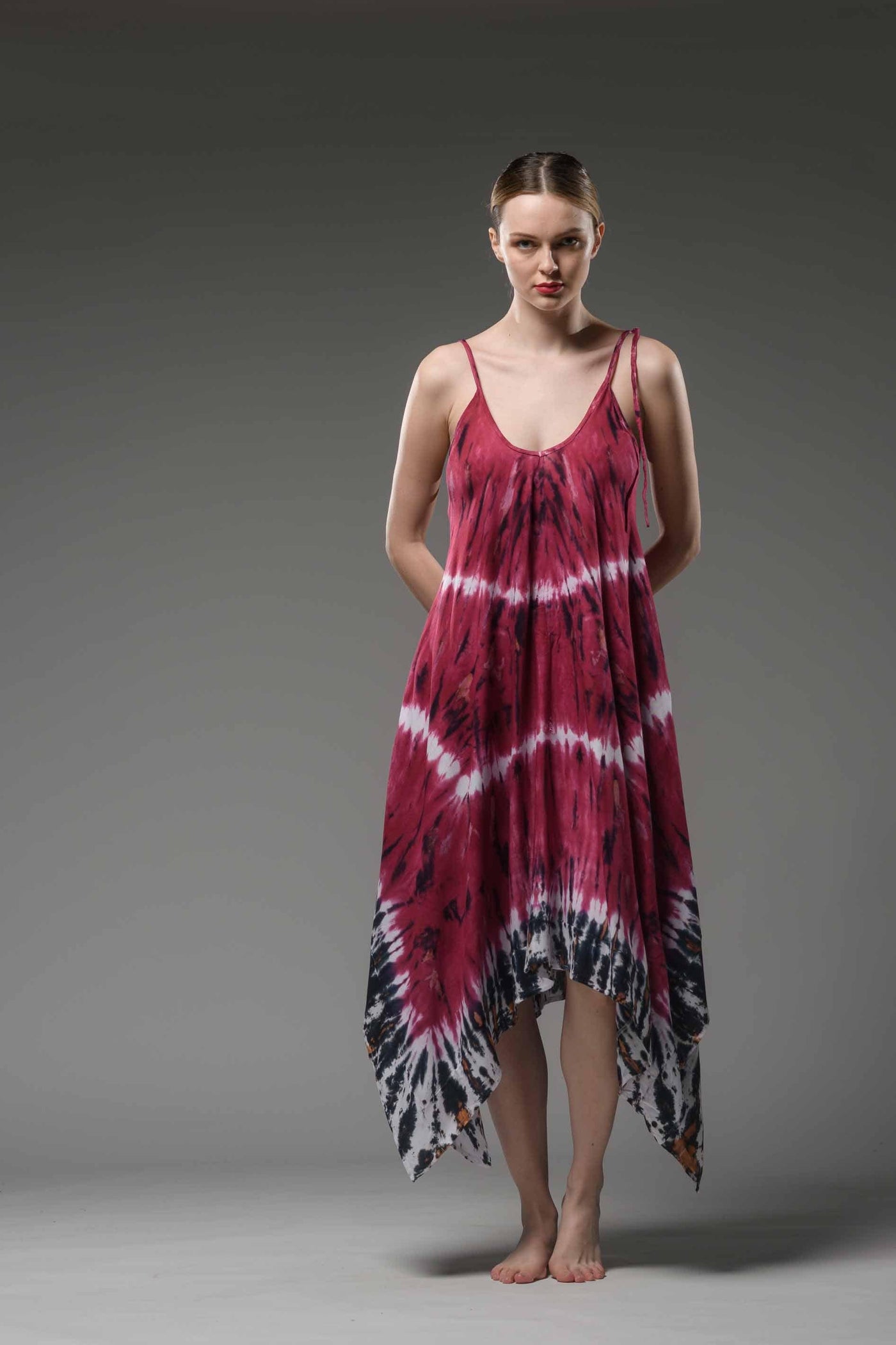 Uneven hemline purple tie dye  spaghetti strap midi dress