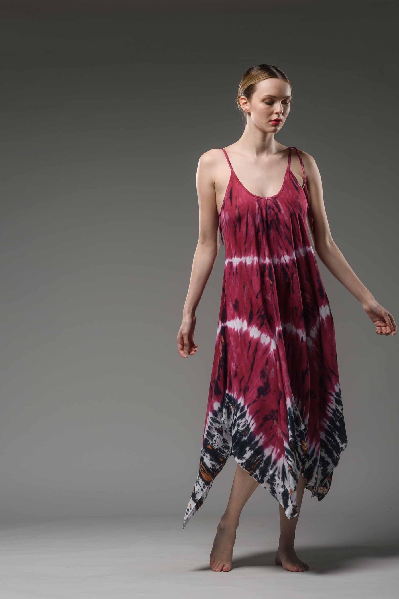 Uneven hemline purple tie dye  spaghetti strap midi dress