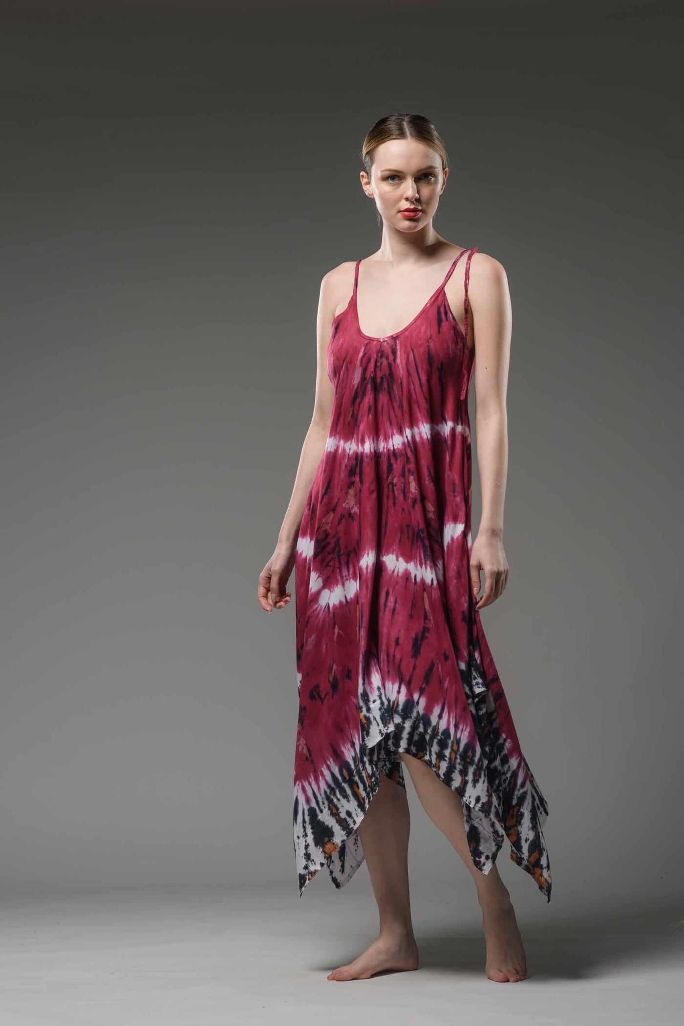 Uneven hemline purple tie dye  spaghetti strap midi dress